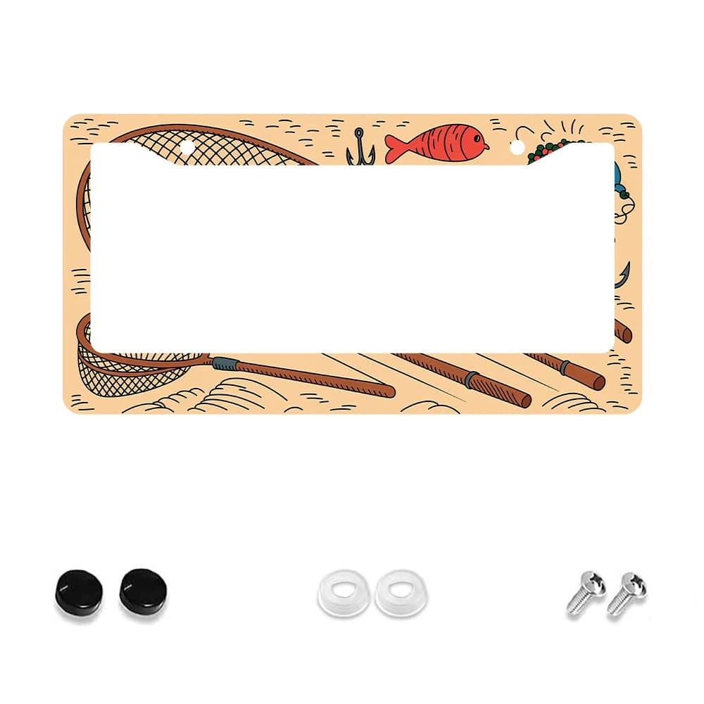 Telaio targa beige a 2 fori da 1 pezzo con motivo a rete per canna da pesca, materiale in alluminio, 6x12 pollici, include kit di viti, divertente