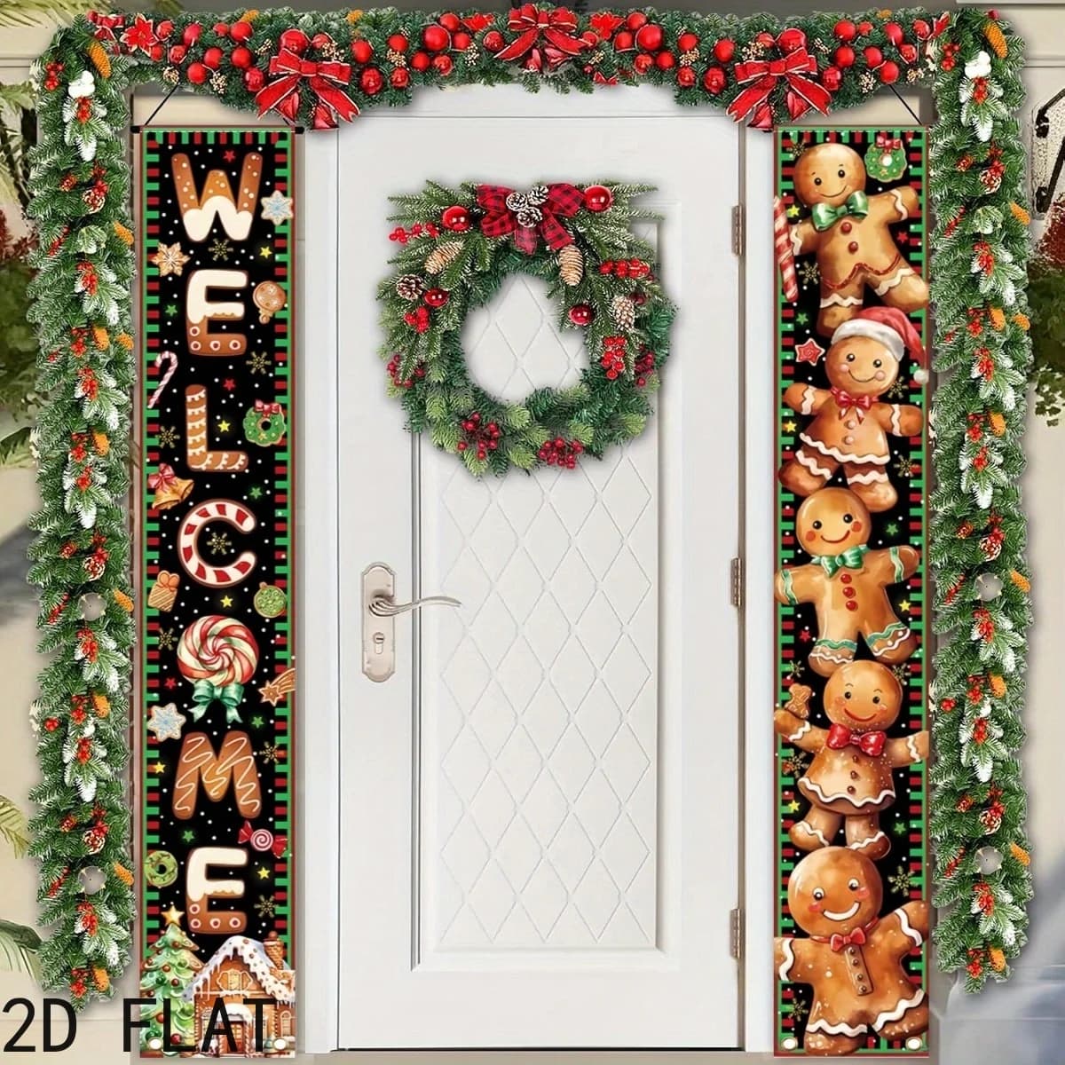 2D Flat Banner 2-Pack Festive Polyester Welcome Door Banner, Cartoon Gingerbread Man Design, Snowflake Holiday Farmhouse