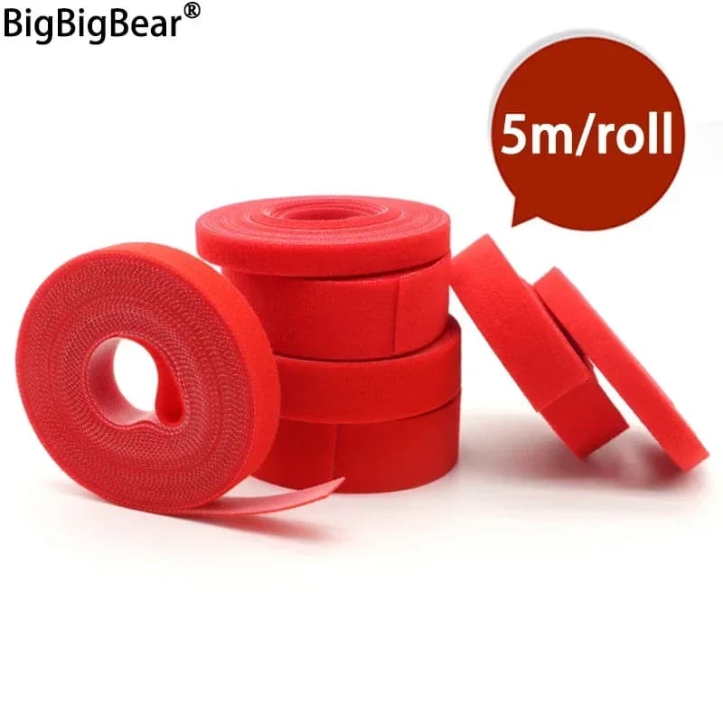 Fascette per cavi da 5 m/rotolo Fascio di anelli riutilizzabili Nastro di fissaggio per gestione di cavi con clip per organizer in nylon rosso autoadesivo