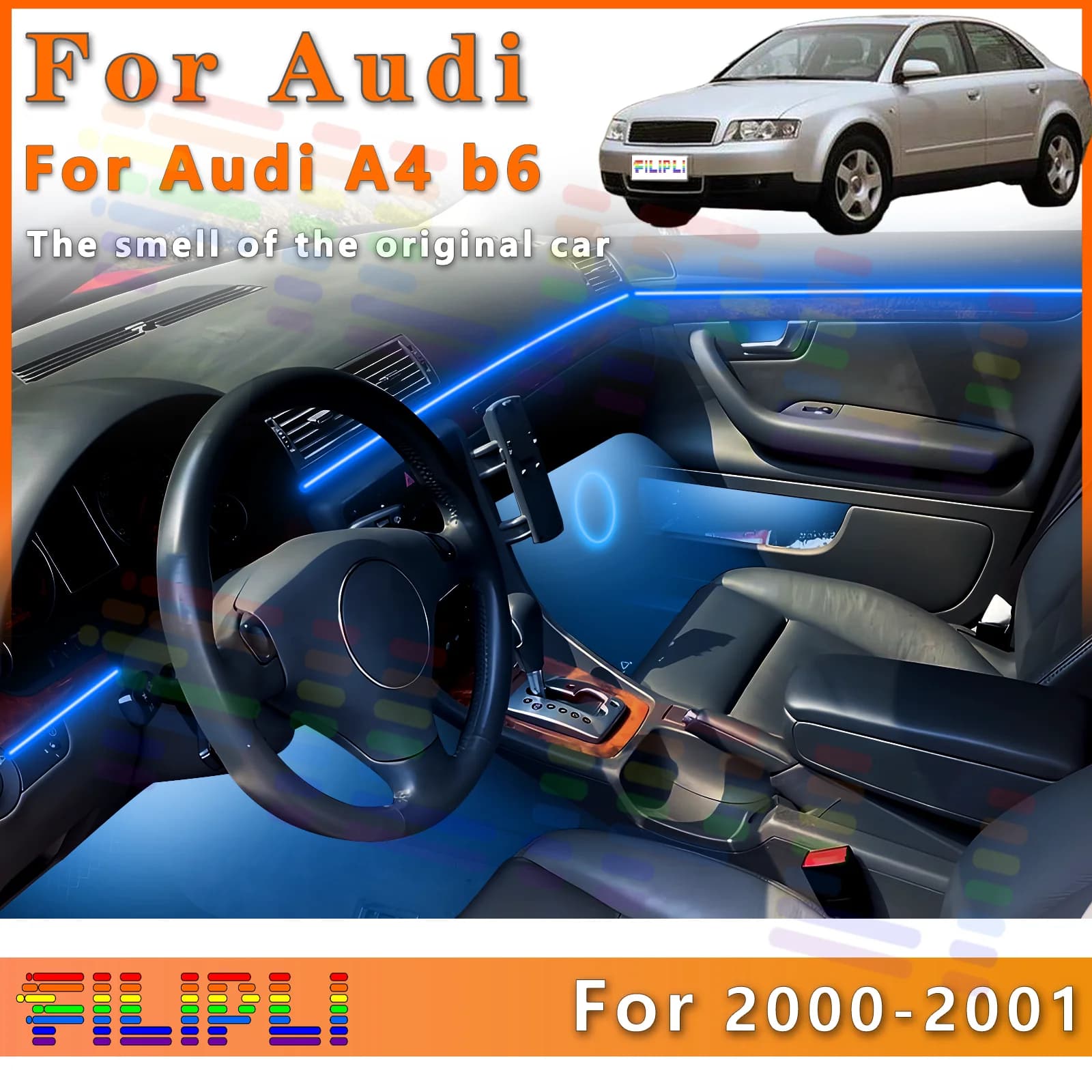 Per Audi A4B6 2000-2001 Striscia LED RGB per Interni Auto, Luce Ambiente a Fibra Ottica, Lampada Invisibile al Neon, Decorazione con App, Finiture Decorative