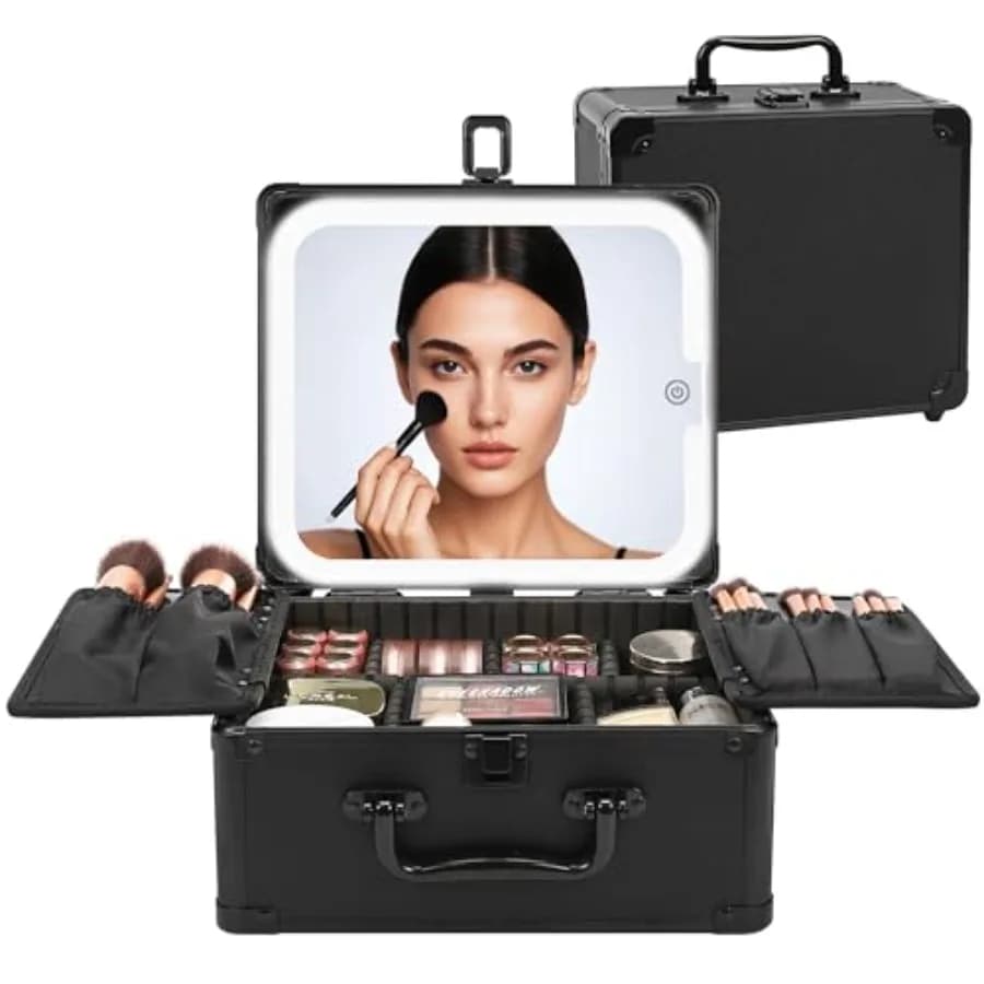 Borsa per il Trucco con Specchio LED, Valigetta da Viaggio con Specchio Illuminato Ricaricabile e Divisori Regolabili, Porta Pennelli Cosmetici