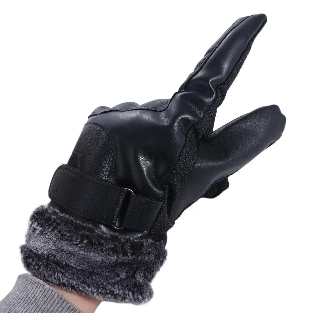 Keep Warm Men's PU Leather Gloves Touch Screen Thick Velvet Male Windproof Gloves Waterproof Soft Motorcycle Full Finger Mittens