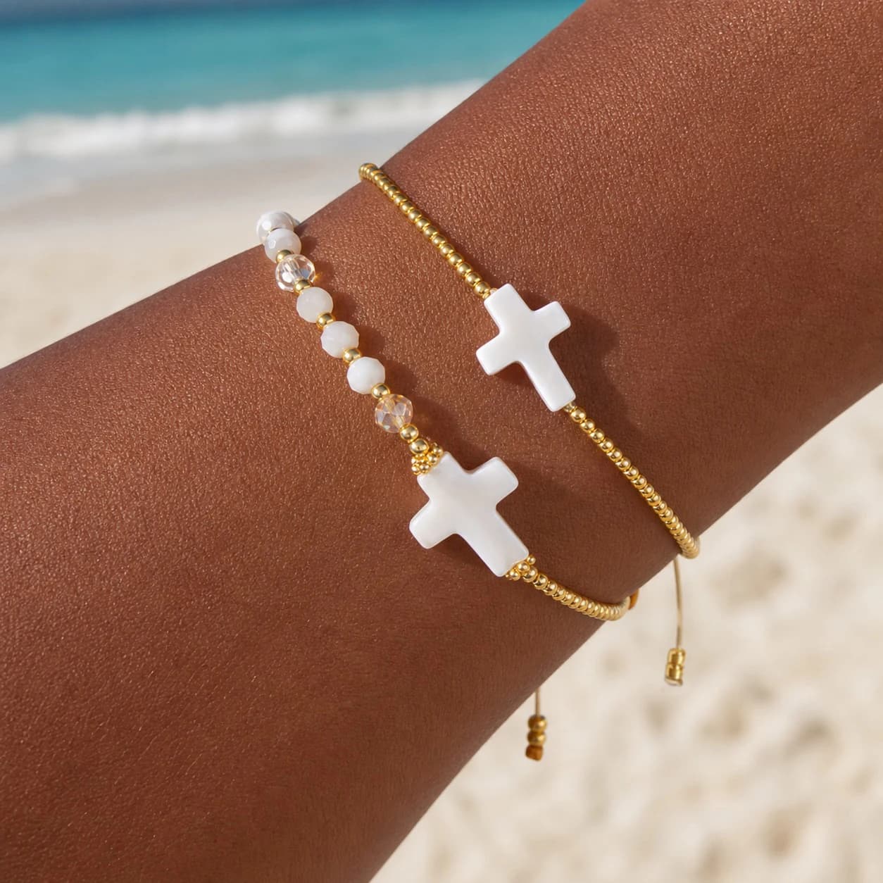 2pcs White Shell Cross Beaded Bracelet Gold Tone Copper Adjustable Tie Cord Christian Style for Women Beach Style