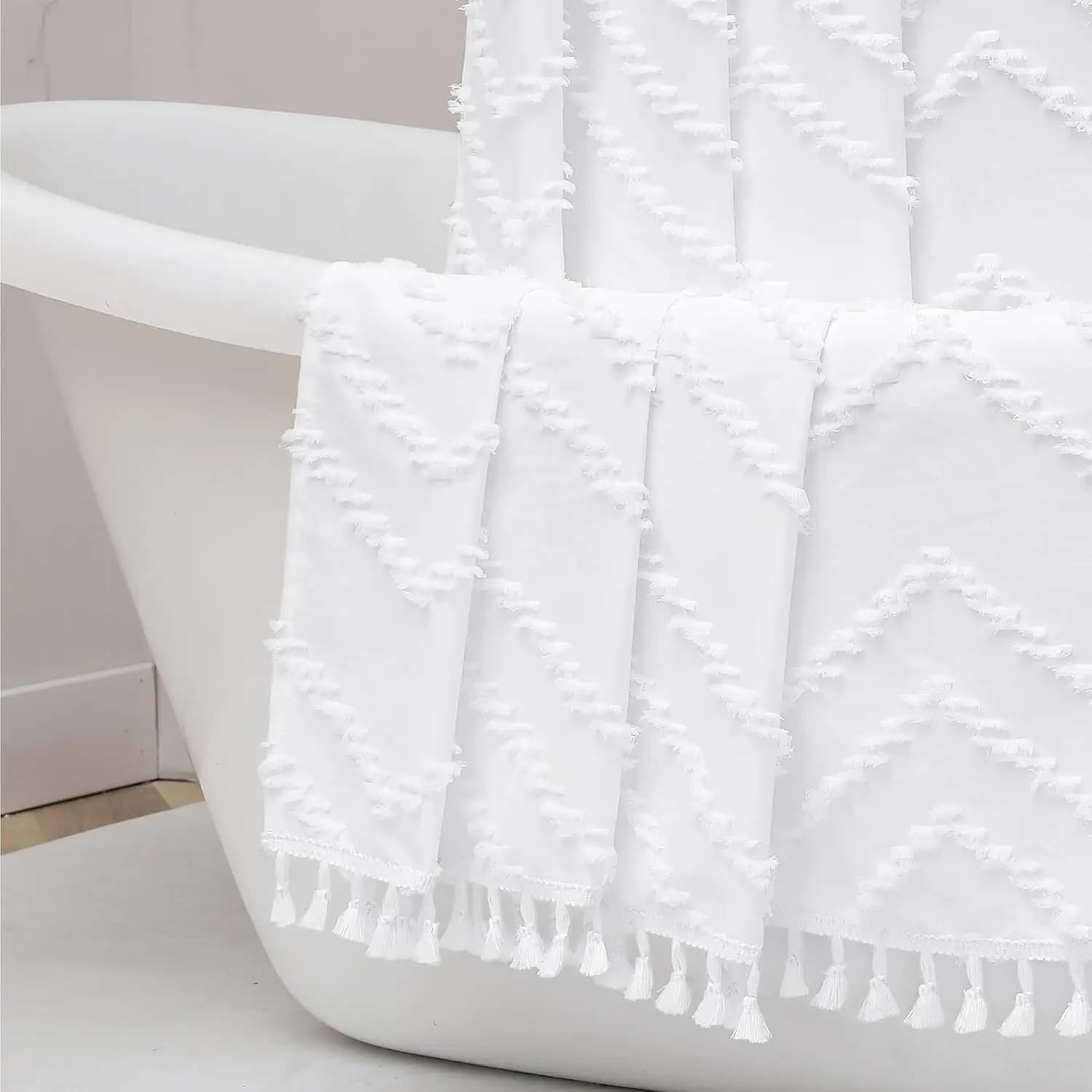 Tenda da doccia boho trapuntata a chevron con nappe, 72x72, tessuto bianco, lavabile in lavatrice