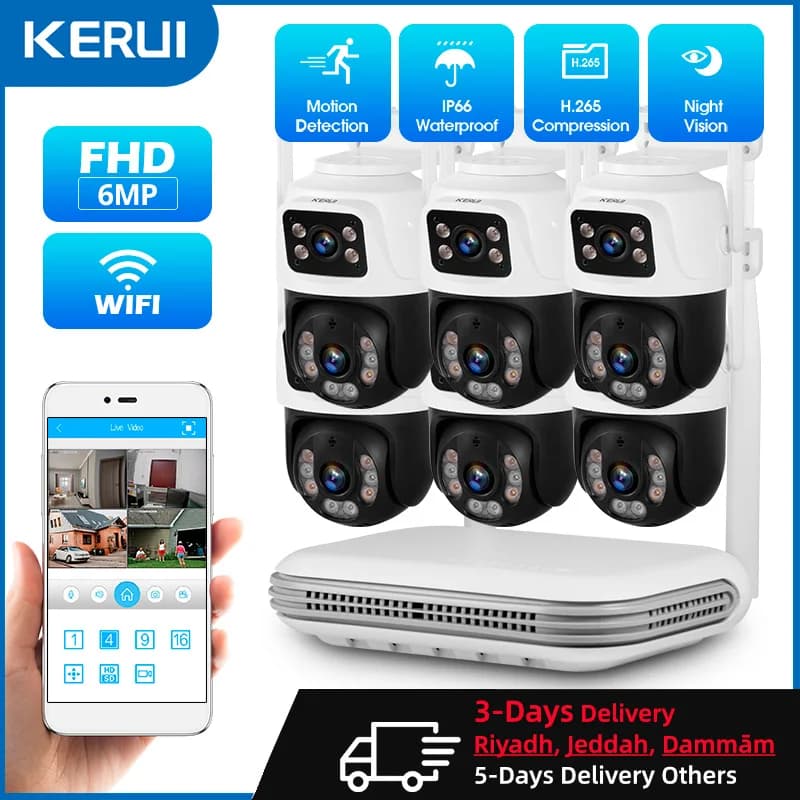 Waterproof 6MP HD Wireless Dual Lens PTZ WIFI IP Home Security Monitoring System 8CH NVR Video H.265 CCTV Kit