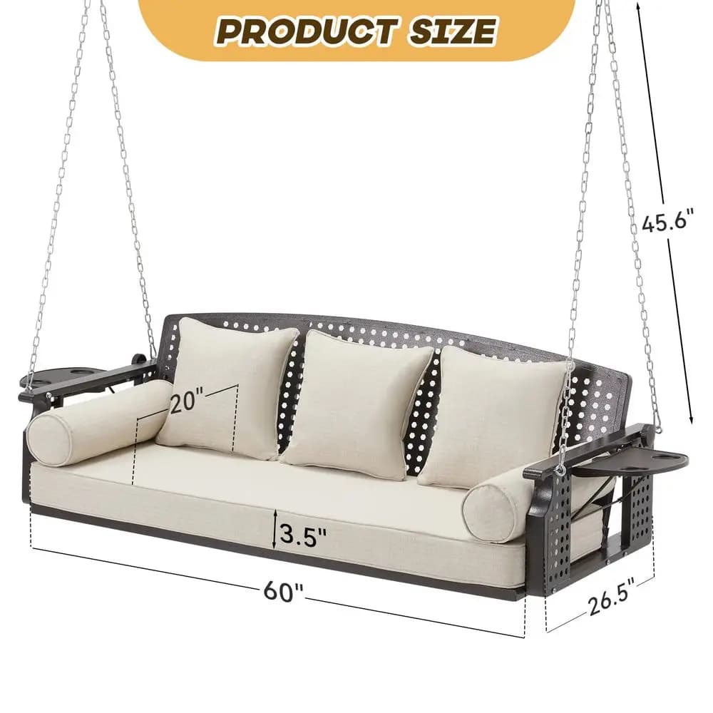Dondolo da Giardino, Panca Dondolo da Esterno con Portabicchieri e 3 cushions, Sedia di Dondolo con Catene per Terrazzo, Giardino, Cortile, Beige
