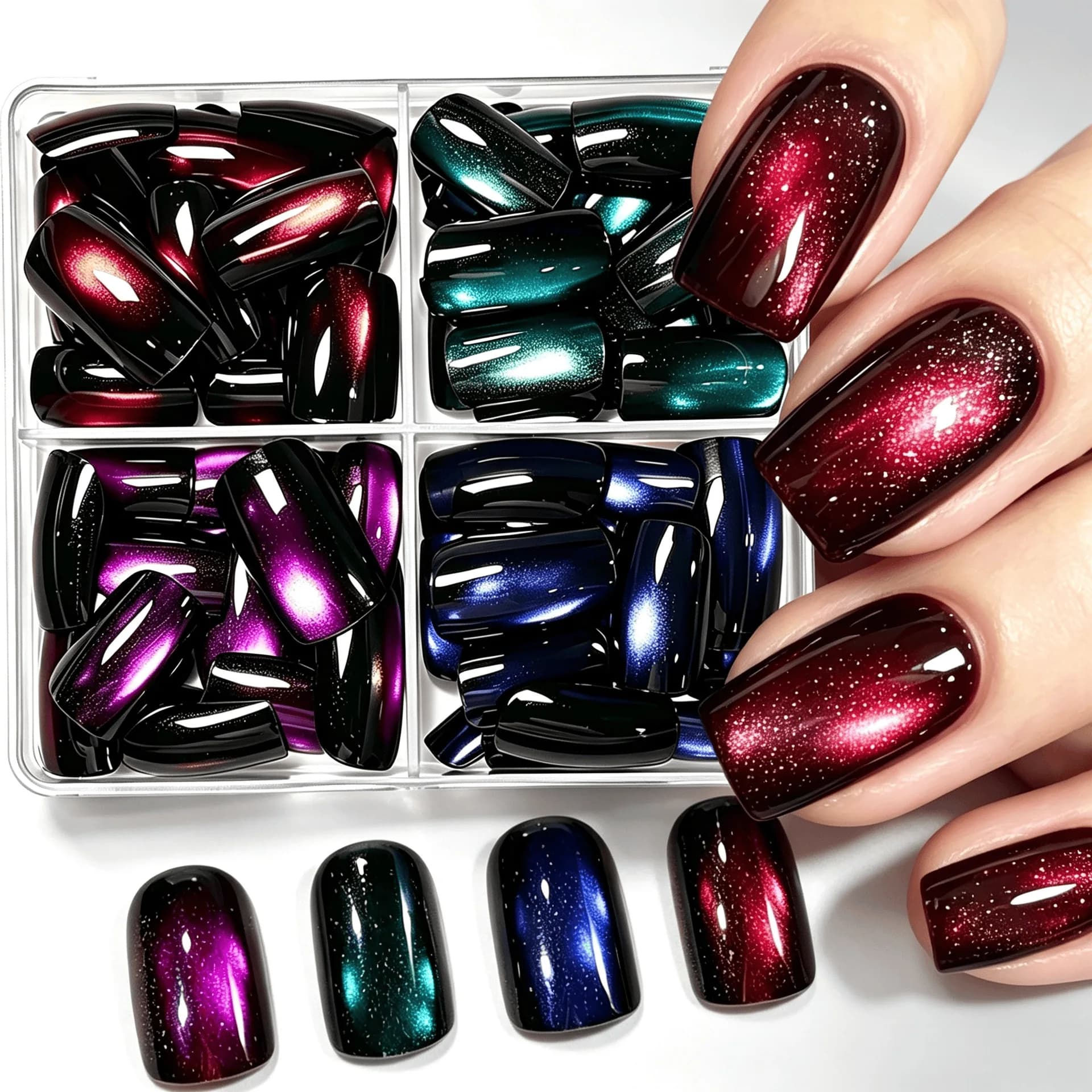 96pcs/set fake nails Gradient black red purple blue green cat eyes glossy shimmer square nail tips reusable press on false nail