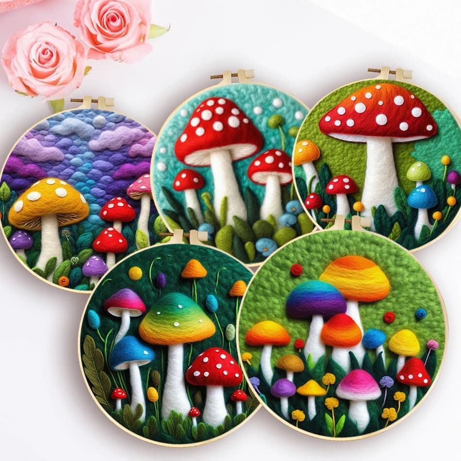 Kit Fai-da-te per Pittura in Feltro di Lana con Aghi, Kit Immagine Fungo Fatto a Mano con Cornice, Artigianato, Pittura, Regalo Fai-da-te per Decorazione Domestica