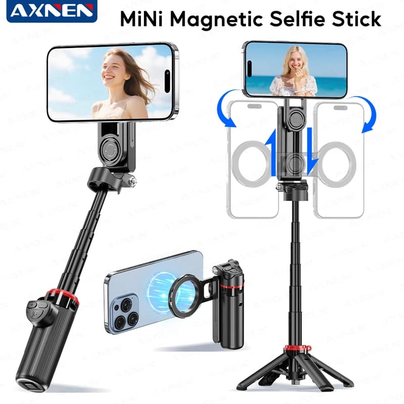 Mini Treppiede Magnetico per Selfie con Telecomando Rimovibile e Supporto Quadripode 360° ° Supporto Girevole per iPhone 16 15 14 13 12 per Vlog e Live Streaming