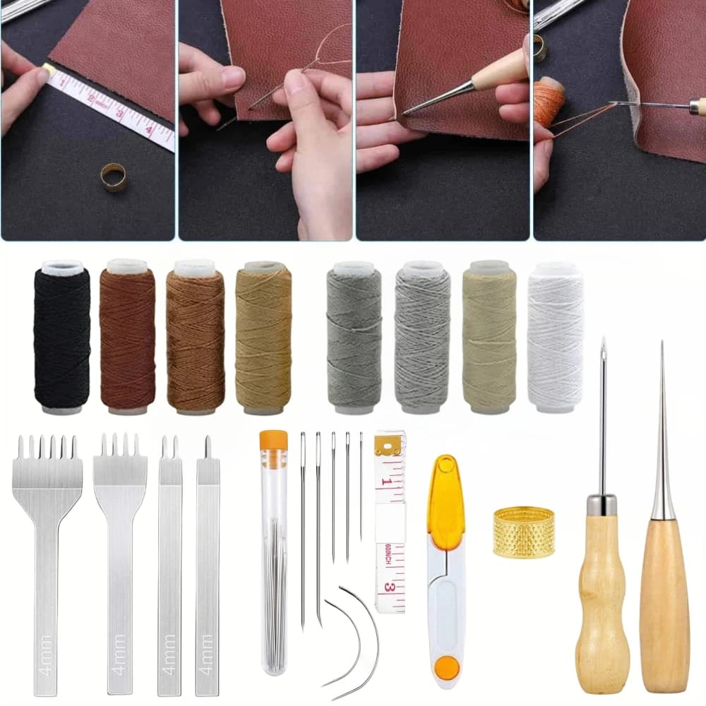 Kit da 34 Pezzi per Cuciture in Pelle, Set da Cucito con Punzone a 4mm, Filo Cerato e Aghi per Cuciture Manuali