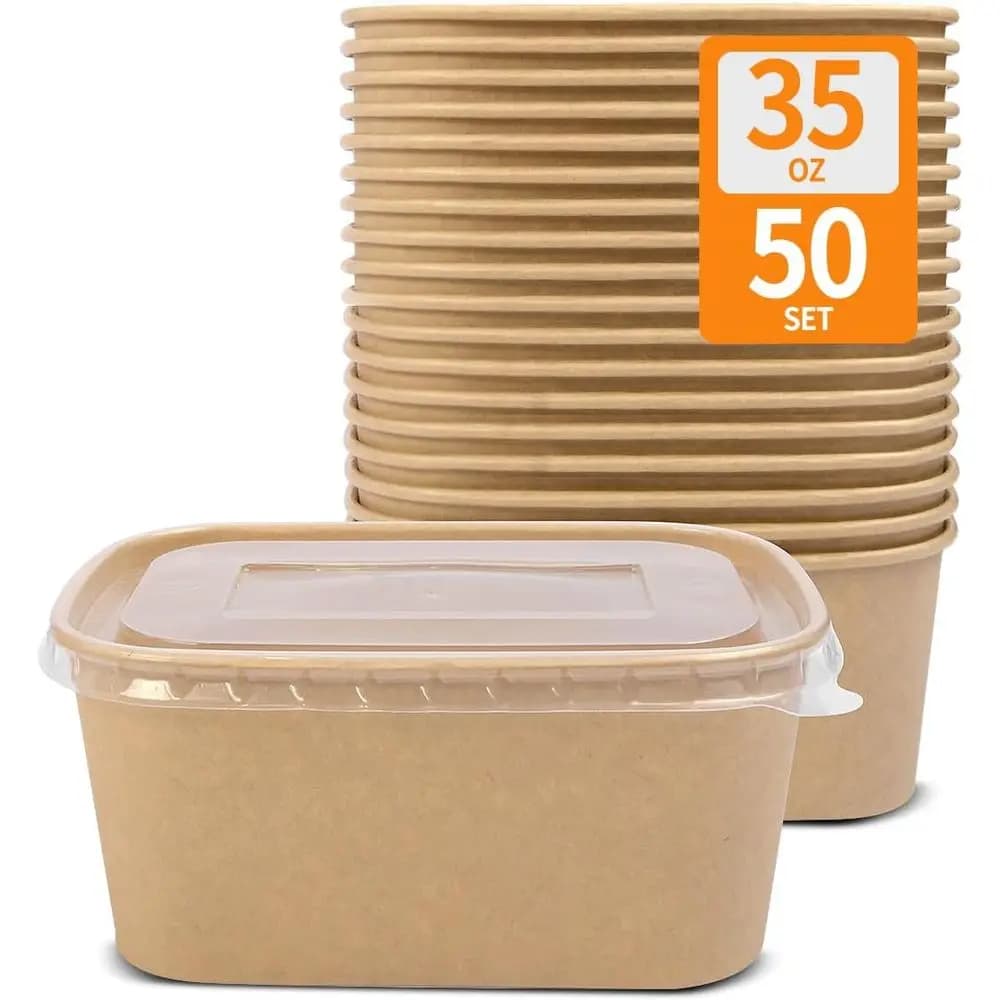 Confezione da 50 Contenitori in Carta da 35 oz con Coperchi, Adatti per Microonde e Congelatore, Ciotole per Preparazione Pasti