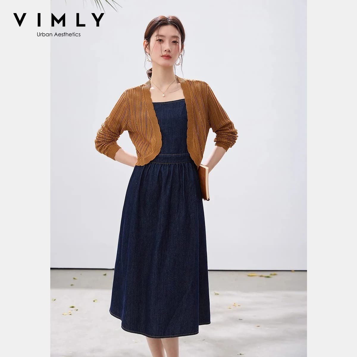 VIMLY Denim Dress 2 Piece Set Women 2026 Spring New Fashion Khaki Knit Cardigan Denim Slip Dress Vintage Casual Dress Sets A3965