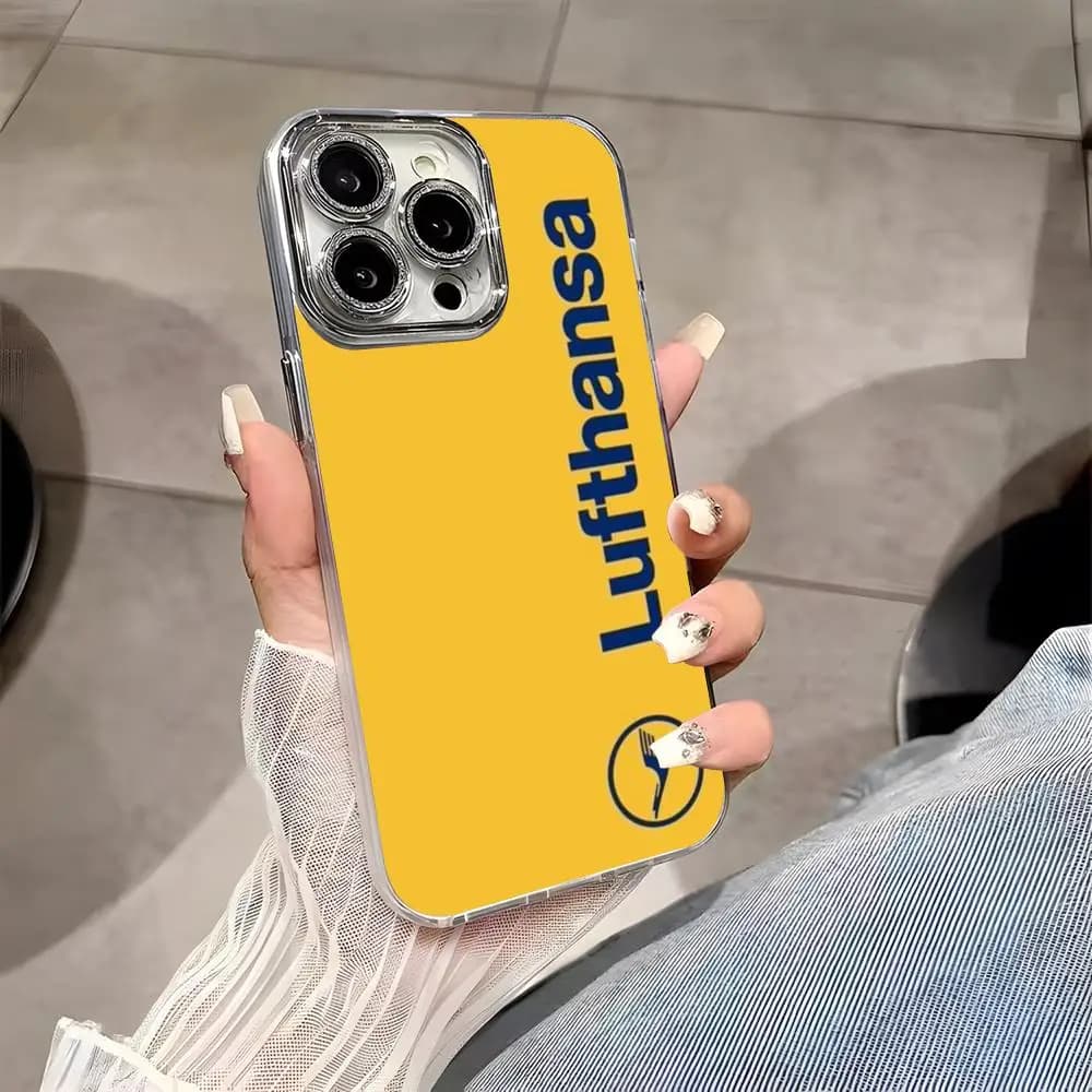 L-Lufthansa German Airlines Phone Case Luxury Silver Feather For IPhone 11 12 13 14 Plus 15 16 17 Pro Max Soft Shockproof Bumper