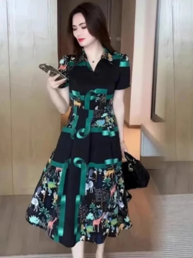 Abito Midi Estivo da Donna alla Moda con Stampa, Scollo a V, in Fibra di Poliestere, Lunghezza al Ginocchio, Stile A-Line, per il Lavoro