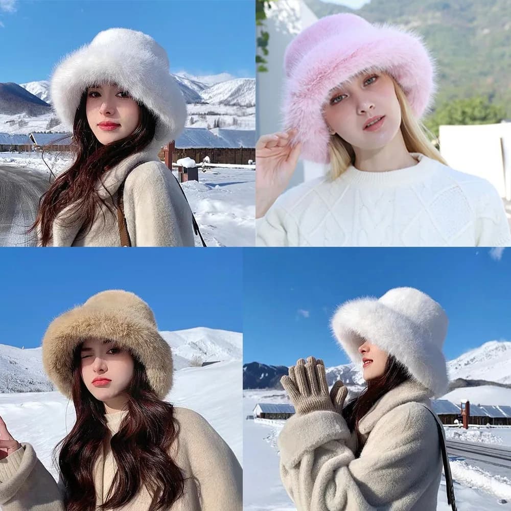 New Warm Fluffy Fur Bucket Hat Cold Snowy Day Plush Fisherman Hat Cover Head Cap Thicken Berets Women