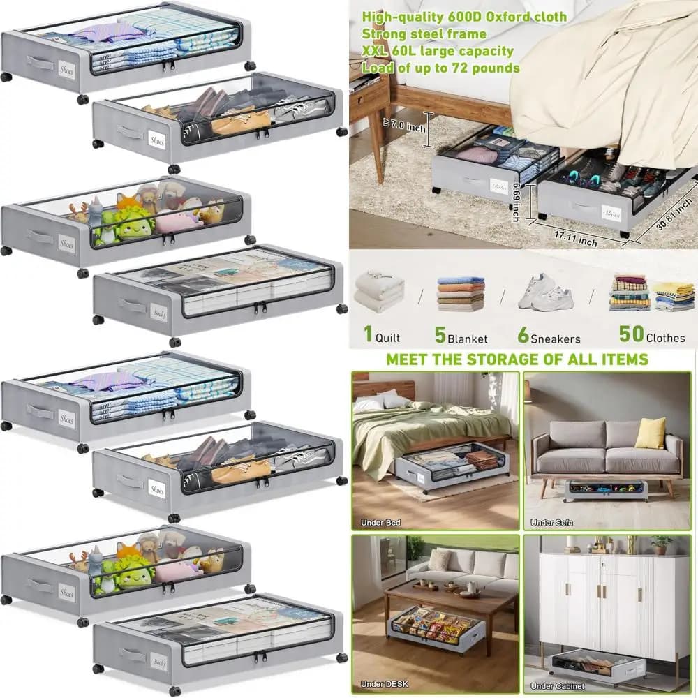 Set of 4 Boxes XXL Substitutes with Transparent Covers for Clothes, Shoes, Toys, Books - Grey