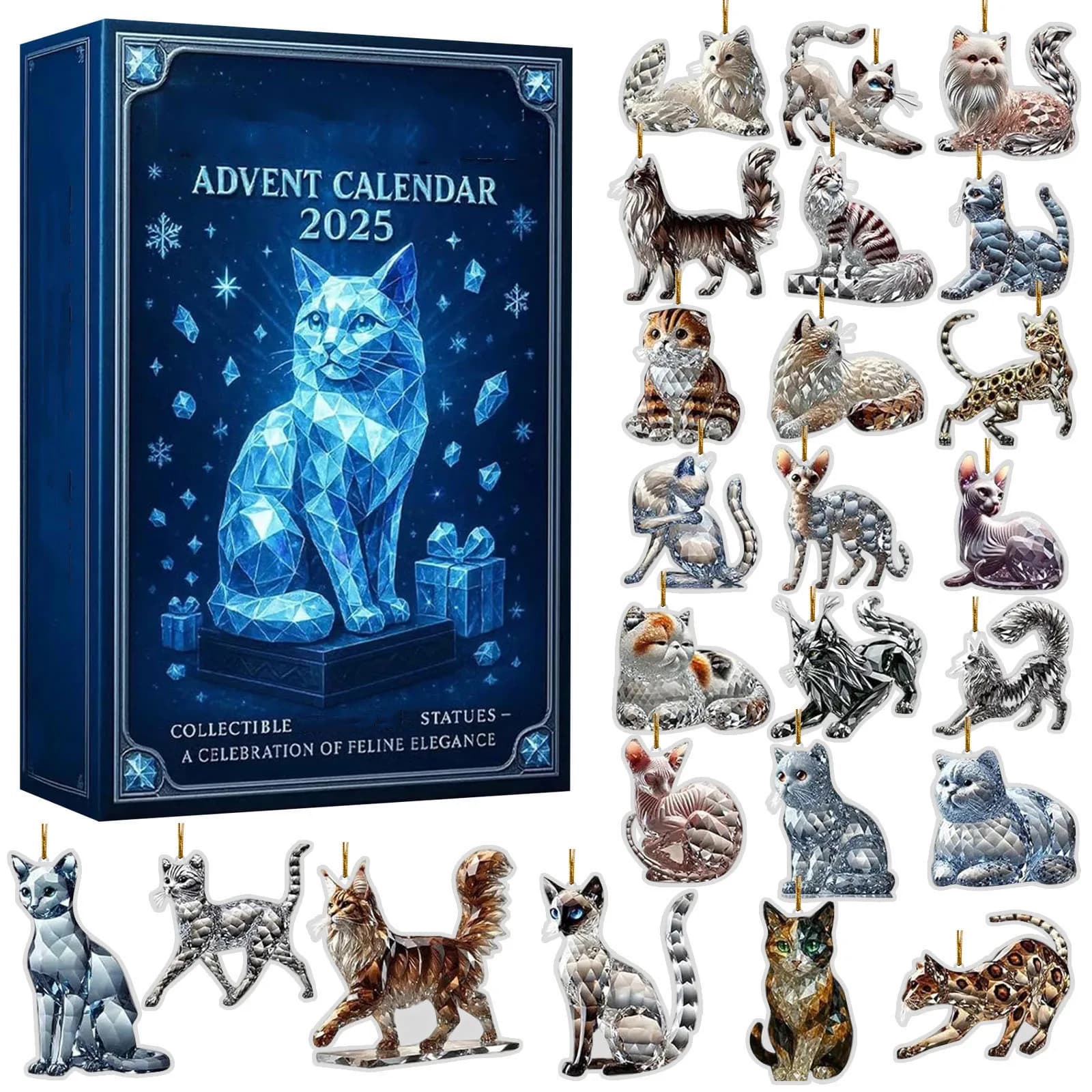 Calendario dell'Avvento con gatto di cristallo 24 regali Simpatici pendenti con gatto 2D Albero di Natale Gatto Ciondolo decorativo in acrilico Figure da collezione Regalo