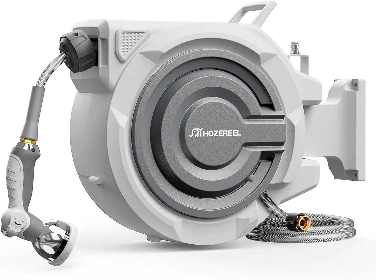 72ft Retractable Garden Hose Reel, Wall Mount Auto Rewind, Any Length Lock, 10 Pattern Nozzle, Grey