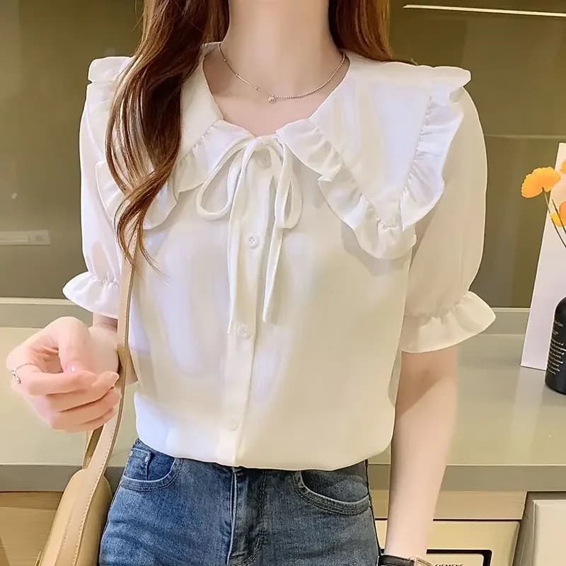 Volant with blue volant with bow Female tops Short-sleeved shirt Elegant youth fashion 2025 Sale Premium M