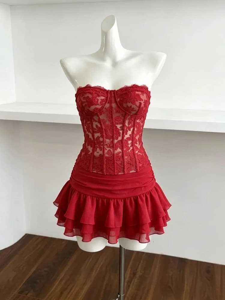 Summer Y2k Red Women 2 Piece Set Lace Built-In Bra Corset + High Waist A Line Tiered Ruffle Skirt Party Birthday Seaside Outfits