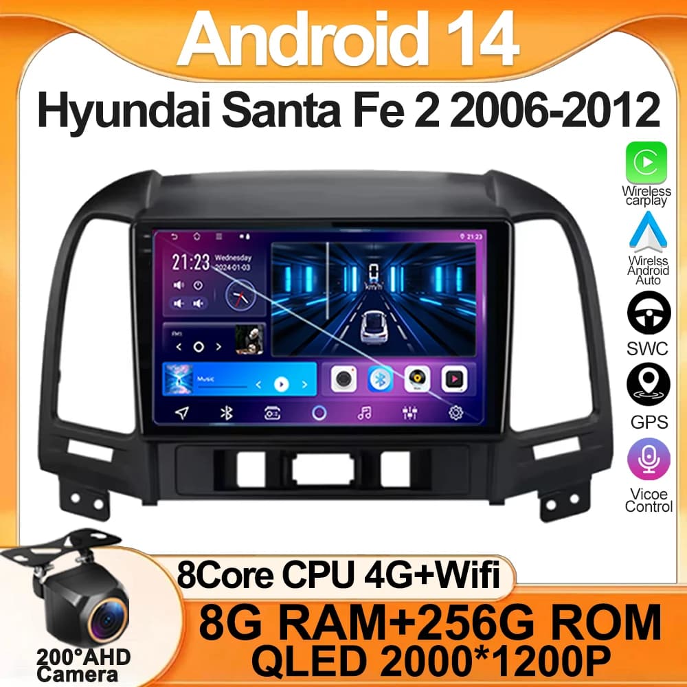 Autoradio Per Hyundai Santa Fe 2 2006-2012 AutoMotive Android 14 Carplay Auto Schermo di Navigazione GPS 5G Wifi No 2din DVD Wireless