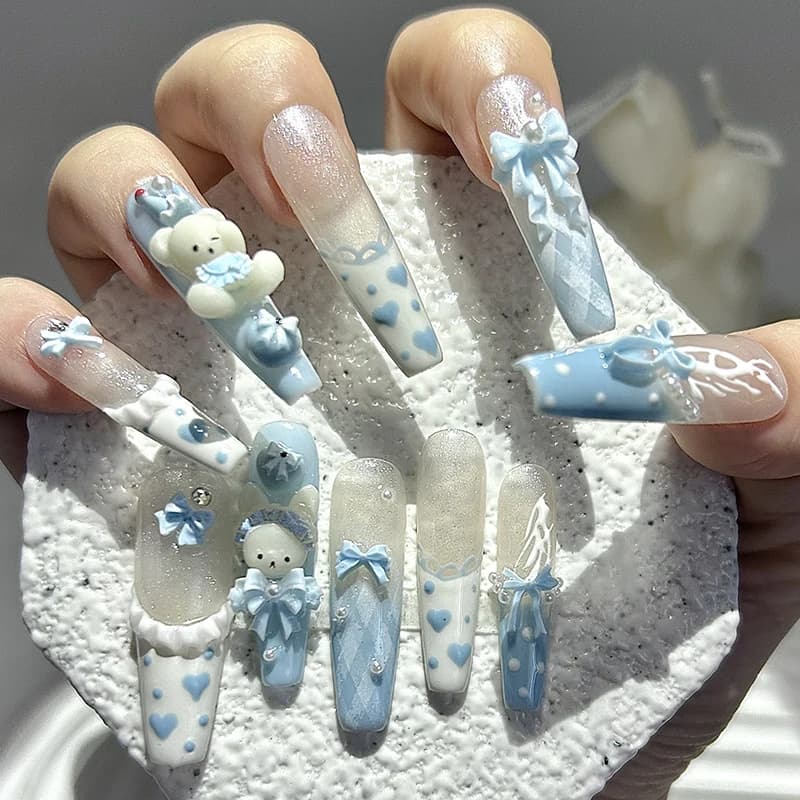 10 pieces Kawaii 3D hand-made French teddy bear print on nails cute blue bunny fingernails fake long polka dots girl nail art
