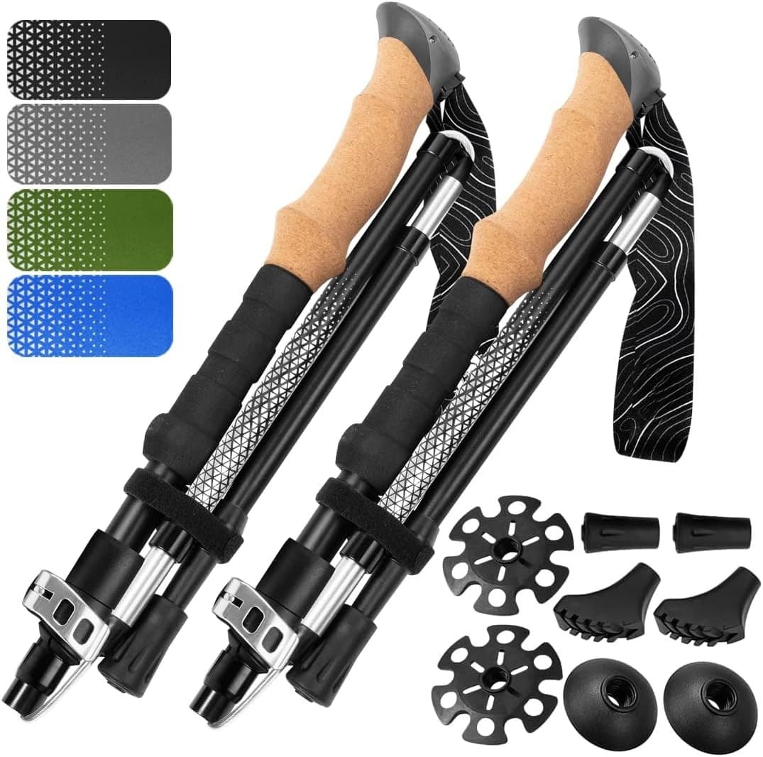 Foldable Adjustable Lightweight Trekking Poles Aircraft Grade Aluminum Shaft With Metal Lock System Cork & EVA Hybrid Grips For Mountaineering Backpacking Trail Walking Camping Nordic Walking Outdoor Sports Men Women