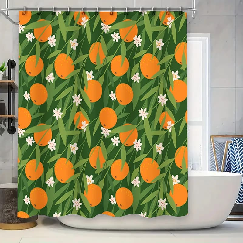 Tenda da doccia arancione con foglie verdi con motivo stampato a fiori bianchi per l'arredamento del bagno Decorazione della finestra in stile moderno per la casa