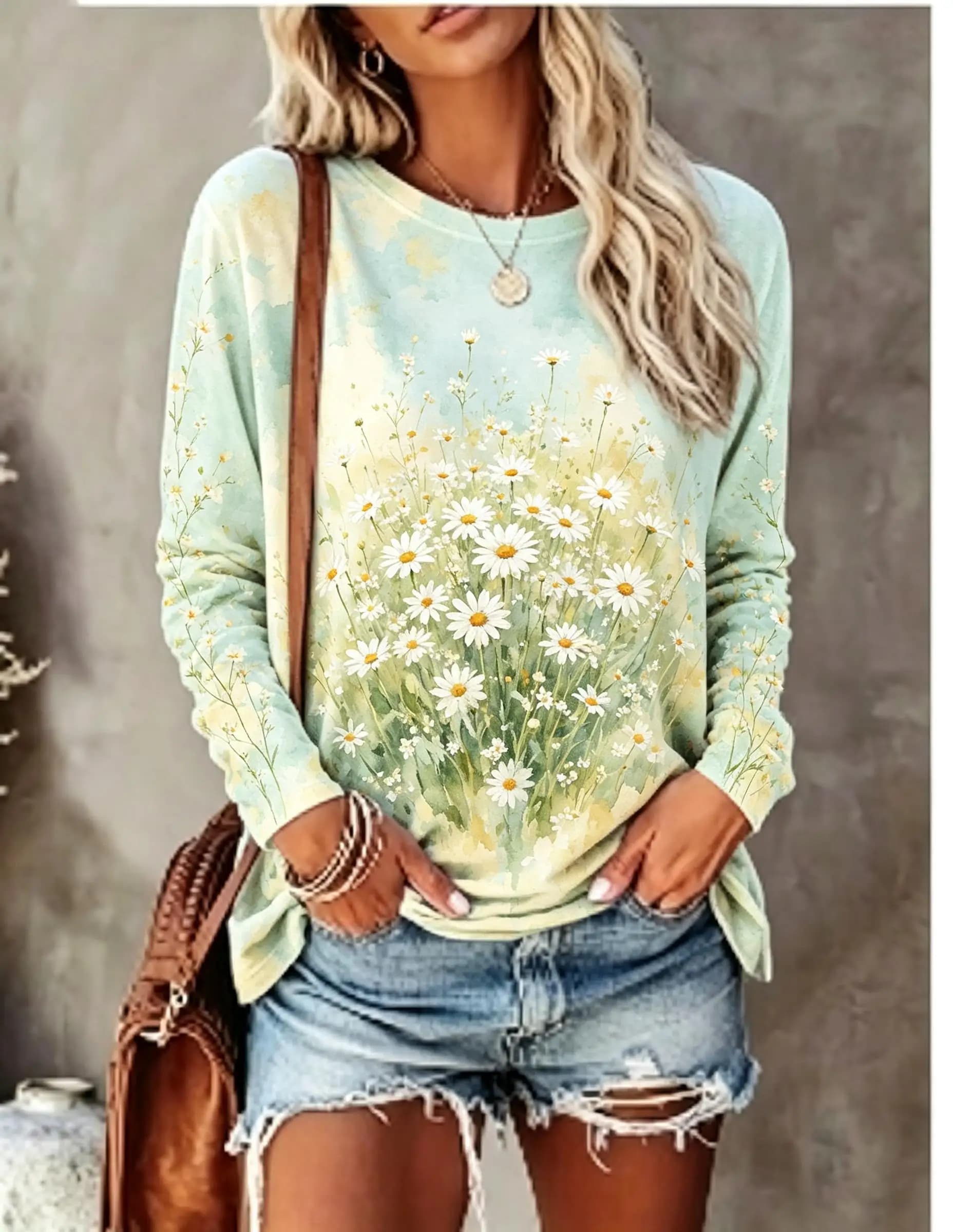 Women Long Sleeve T Shirt Watercolor Daisy Wildflower Print Crew Neck Casual Fall Tops