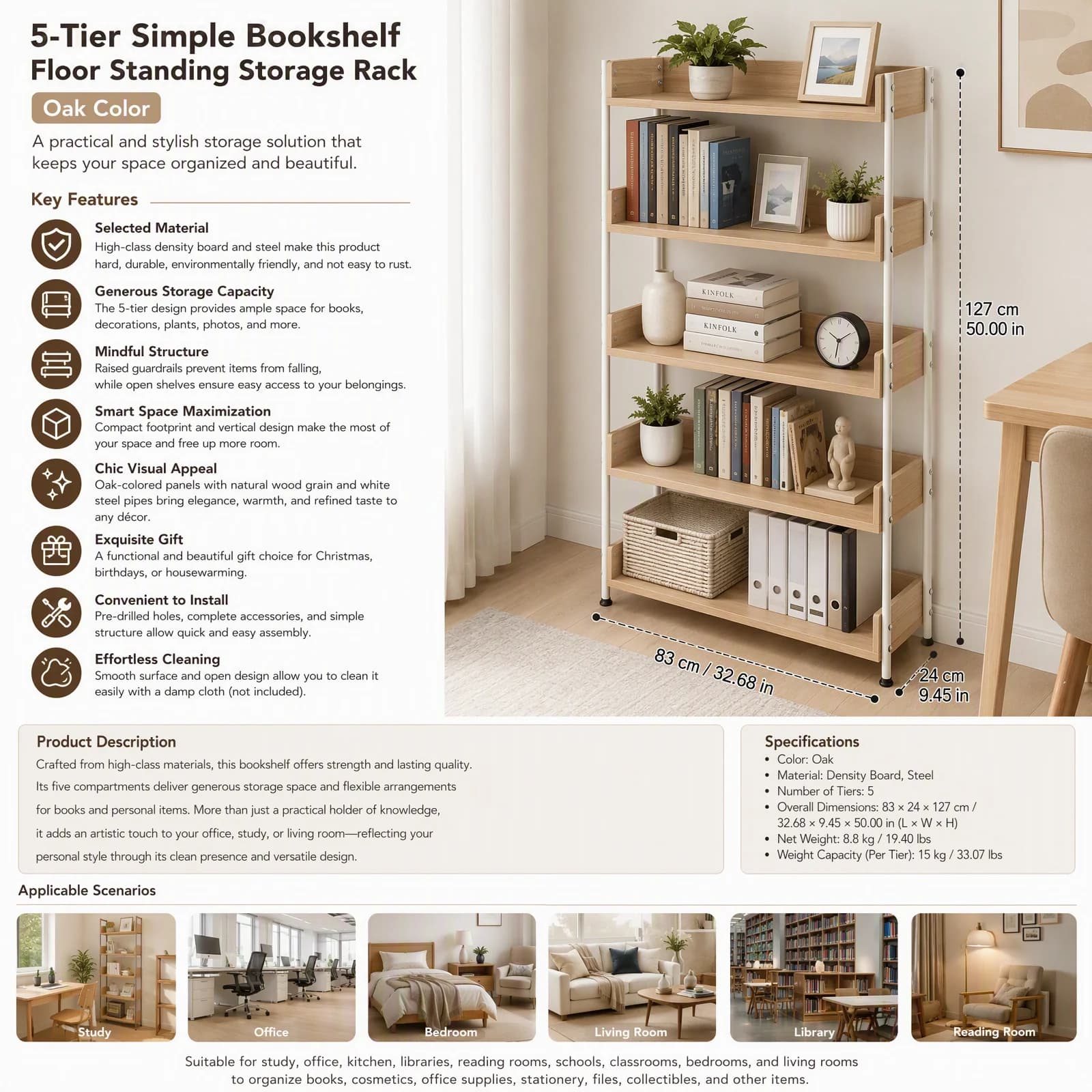 5-Tier Book Shelf with Oak Panels & White Steel Frame, 83x24x139cm Freestanding Storage Rack for Study Office Living Room, 5 Compartments with Guardrails for Books Files Decor
