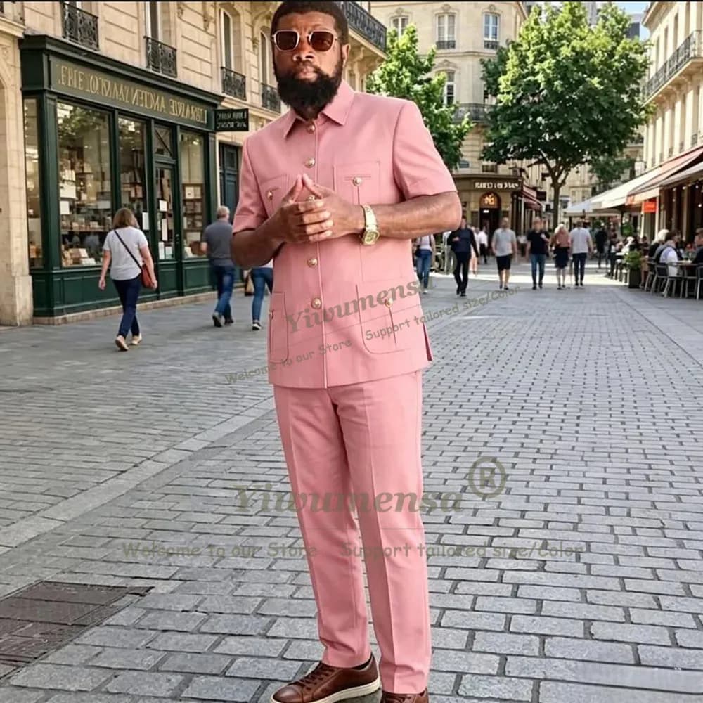 African Safari Style Suit Men Single Breasted Jacket Pants 2 Piece Sets Stand Collar Jacket Pants Customized Short Sleeve Outfit