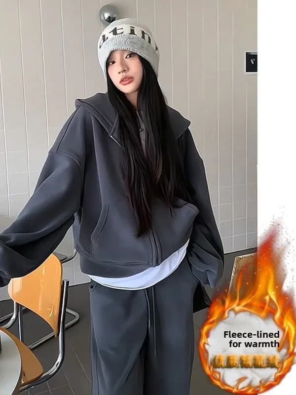 Set Two Pieces Women's Plus Size: Hoodie Lining in Pile and Trousers in Gamba Larga, Outfit Casual and Comfortable for Autumn and Winter