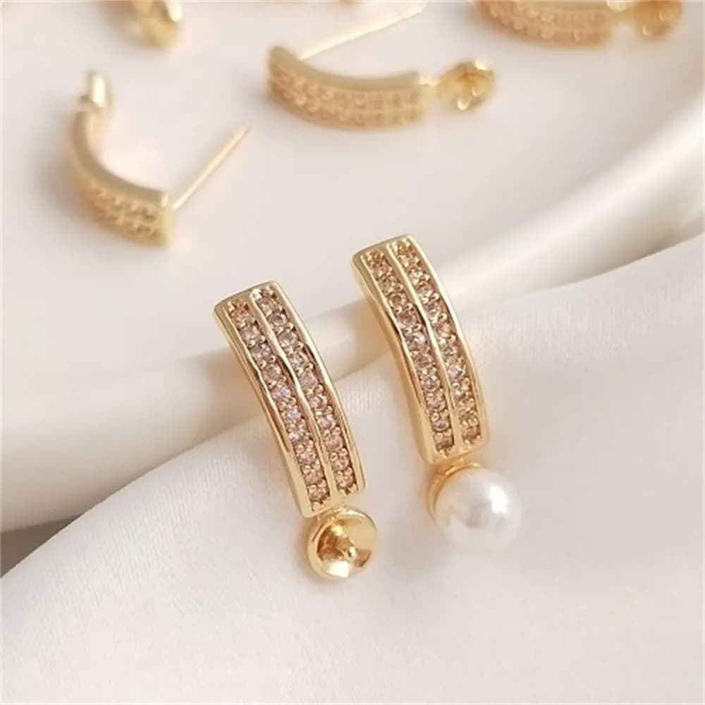 14K Gold Wrapped Curved Double Row Zircon Half Hole Bead Earrings r Needle DIY Handmade Crystal Pearl Earrings E118