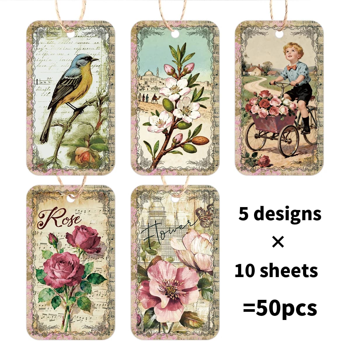 50pcs Spring Floral Bird Hang Tags With Hemp Rope,Handmade Cards,Gift Packaging,Decor Tags For Easter,Garden Party,Wedding Favor