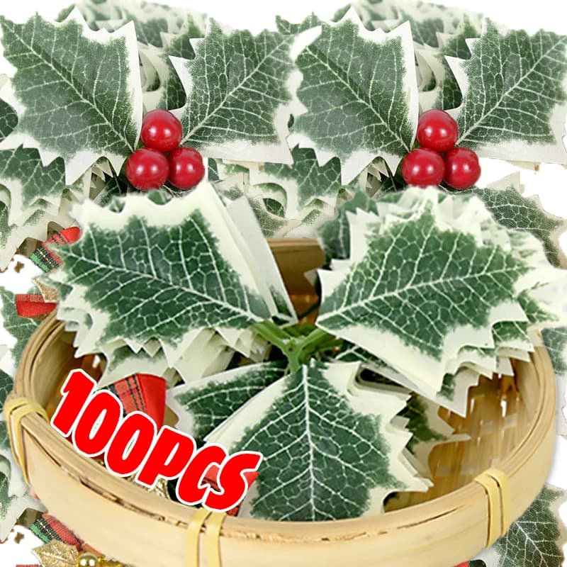 5/100x Bacche di Agrifoglio Artificiali Rosse con Foglie, Decorazioni Natalizie per Albero, Ghirlande Fai-da-Te, Piante Finte, Ornamenti per Feste