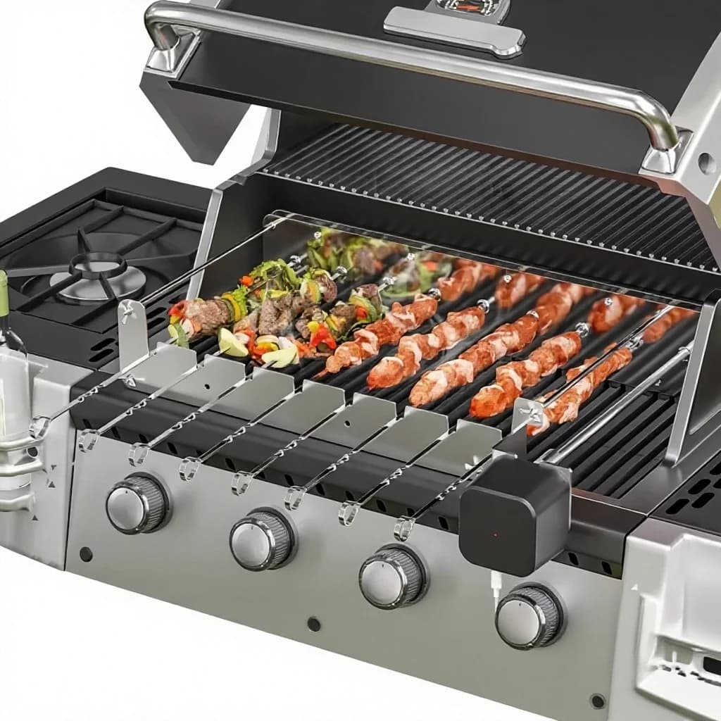 Automatic Rotating Stainless Steel Skewer Grill Rack BBQ Kebab Rotisserie Attachment for /Charcoal Grills 8 Sticks
