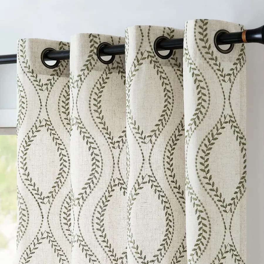 Boho Curtains in Mixed Linen Beige Rustic Style Lungs 84 Inches with Green Leaves Embroidered for Living, Haircuts Geometric Lights