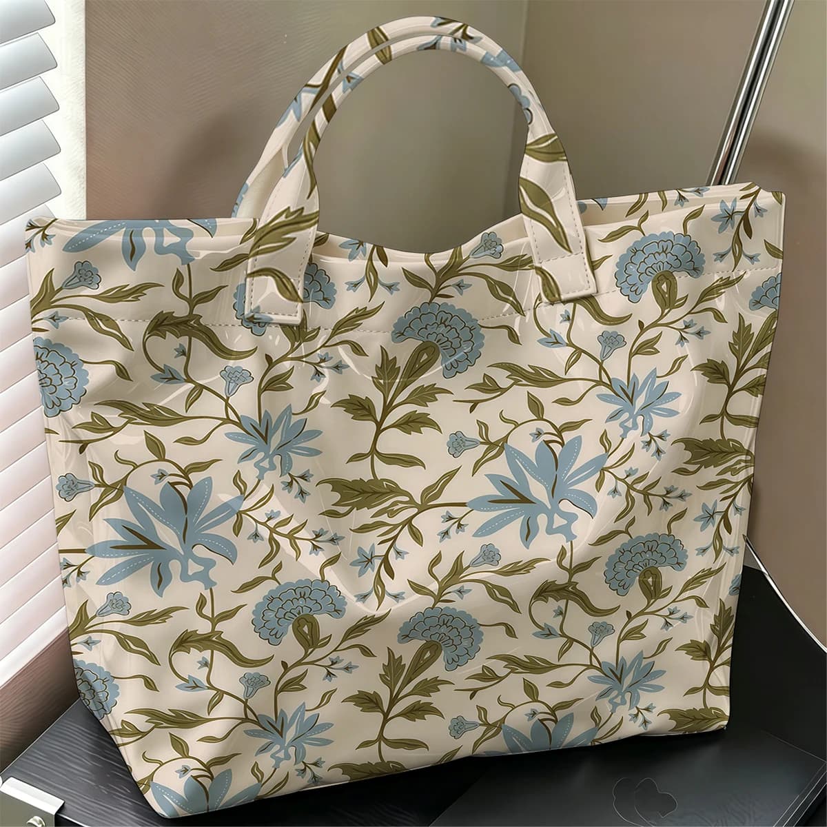 Blue & Green Floral Fashion Large Glossy PVC Tote Bag Hand Washable Waterproof Perfect Travel Commute Cosmetic Storage Shopper