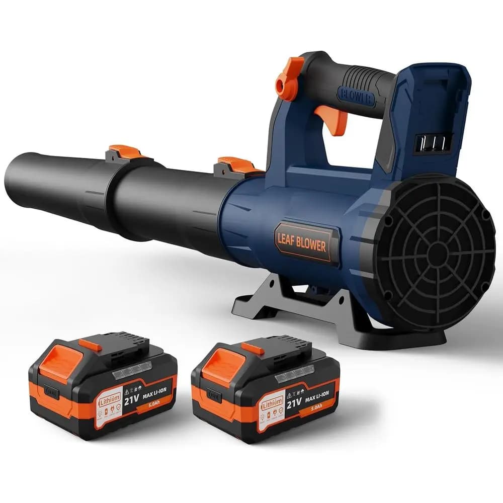Soffiatore per foglie senza fili con 2 batterie e caricabatterie da 5,0 Ah, soffianti elettrici e leggeri alimentati a batteria da 21 V per la cura del prato, nel cortile,