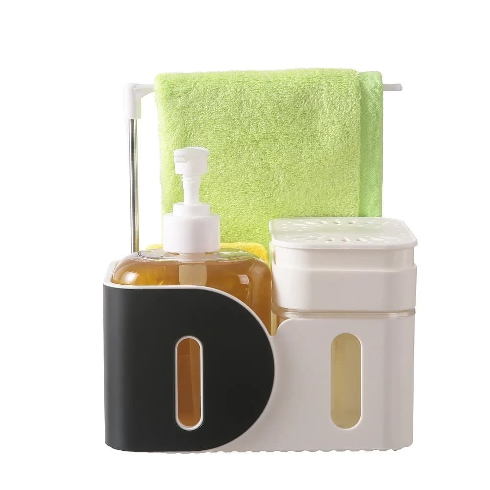 Set Dispenser Sapone per Mani e Piatti in Plastica con Porta Spugna e Porta Panno, Doppio Dispenser Sapone Ricaricabile, Porta Strofinetto per Appartamento