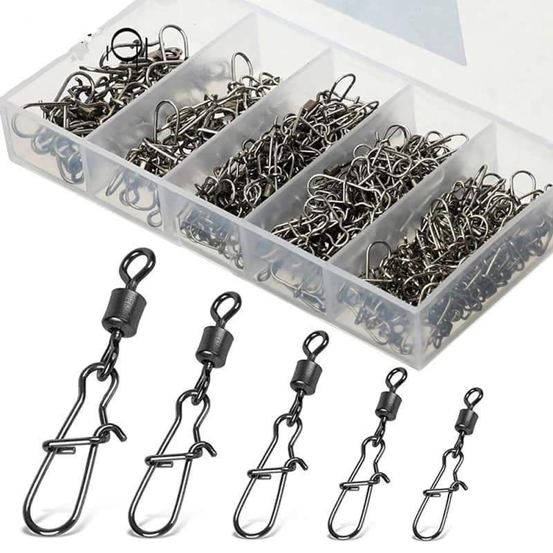 Portable Box 100Pcs Stainless Steel Snap Rolling Swivel Connector Pin Multi Sizes For Fishhook Lure Fishing Tackle