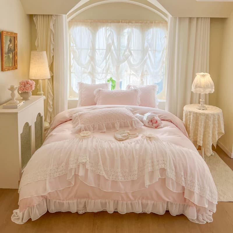 Set biancheria da letto matrimoniale in pizzo con volant a doppio strato Set biancheria da letto principessa 100S Copripiumino in cotone egiziano Copriletto trapuntato Gonna letto Federe