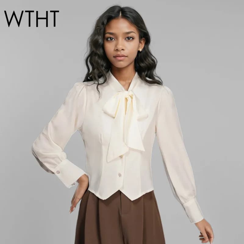 WTHT Fashion New 2025 Primavera Fasciatura Archi Design Camicia in chiffon Maniche lunghe Camicetta monopetto Donna Trendy 1LS848