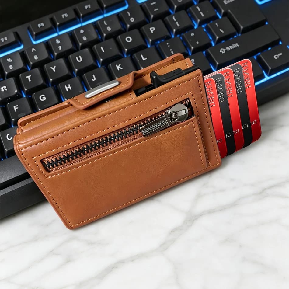 RFID Pop Up Card Holder Men PU Leather Trifold Card Wallet Credit Card Case Zipper Coin Pocket Short Purse Small Bank Cardholder