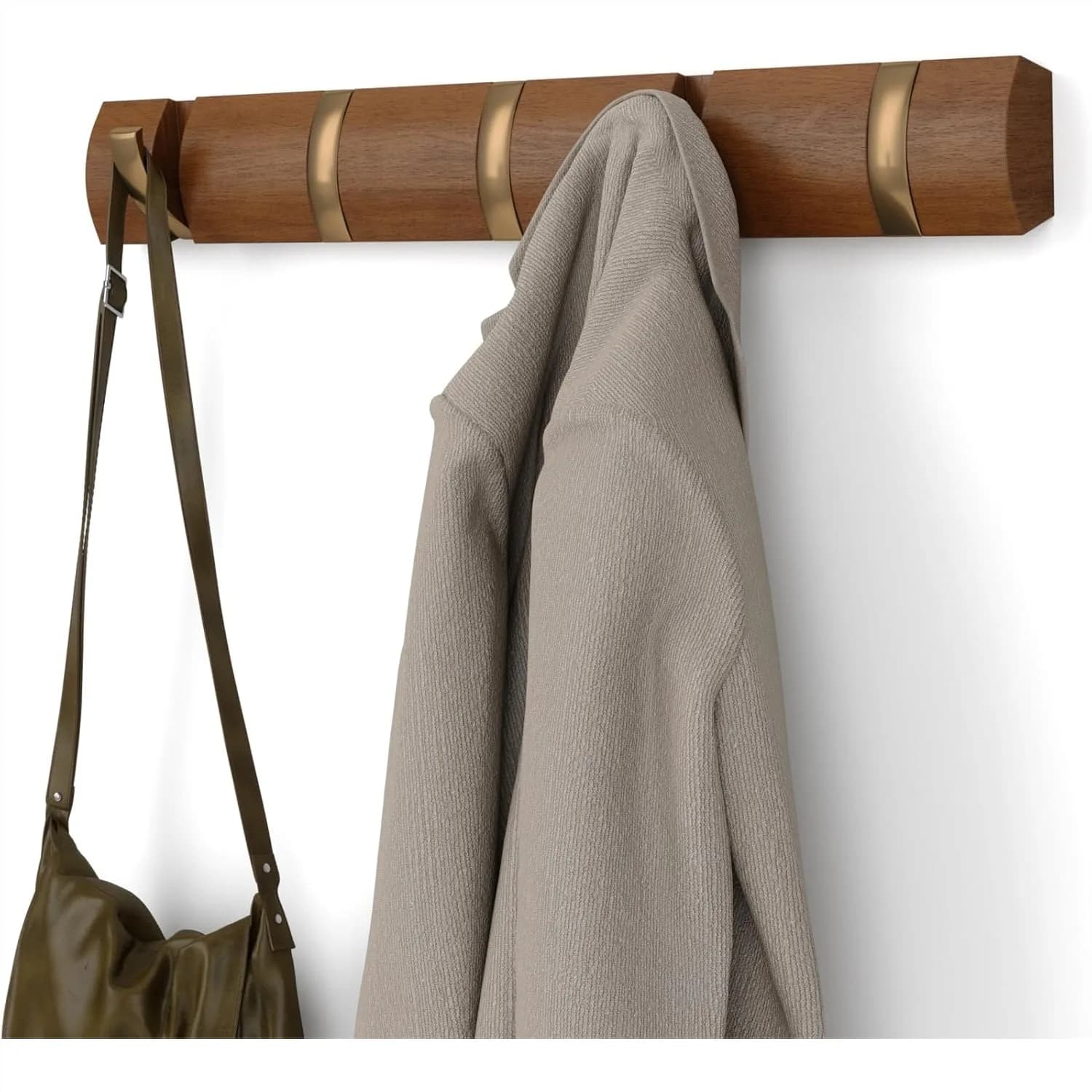 Wall Mounted Coat Rack With 5 Hooks - Modern Space Saving Storage For Hats Jackets Bags Entryway Mudroom Closet Bathroom Bedroom - Light Walnut Gold