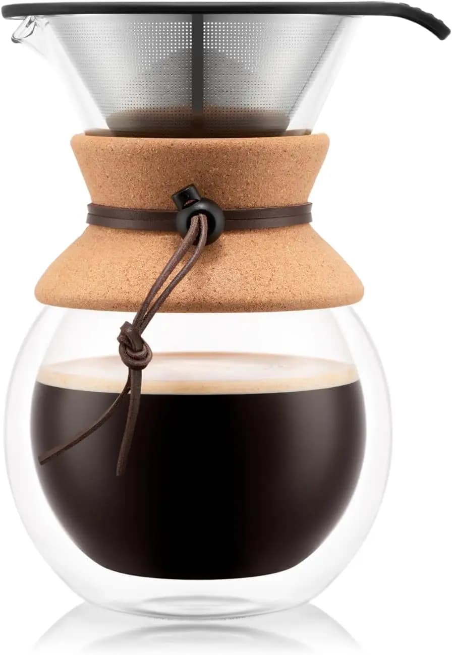 Pour Over 34oz coffee maker, Borosilicate glass with stainless steel filter and cork