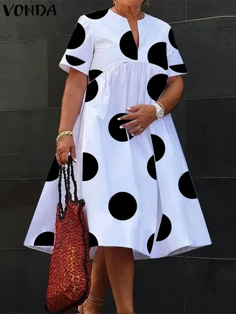 VONDA Plus Size 5XL Women's Dress 2024 Summer Bohemian Polka Dot Maxi Long Dress with V Party Sundress Beach Dress Elegant Robe