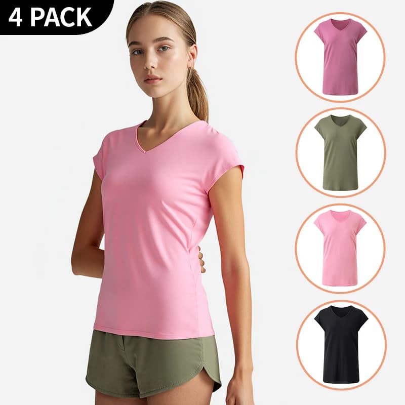 Set of 4 short sleeved women's t-shirts with V-neck in solid, basic, sports, racing, comfortable and versatile, casual and fashionable