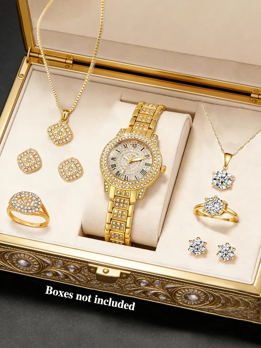 Orologio da donna rotondo alla moda con movimento al quarzo e set di gioielli intarsiati, regalo versatile per compleanni, set di accessori eleganti, senza scatola.