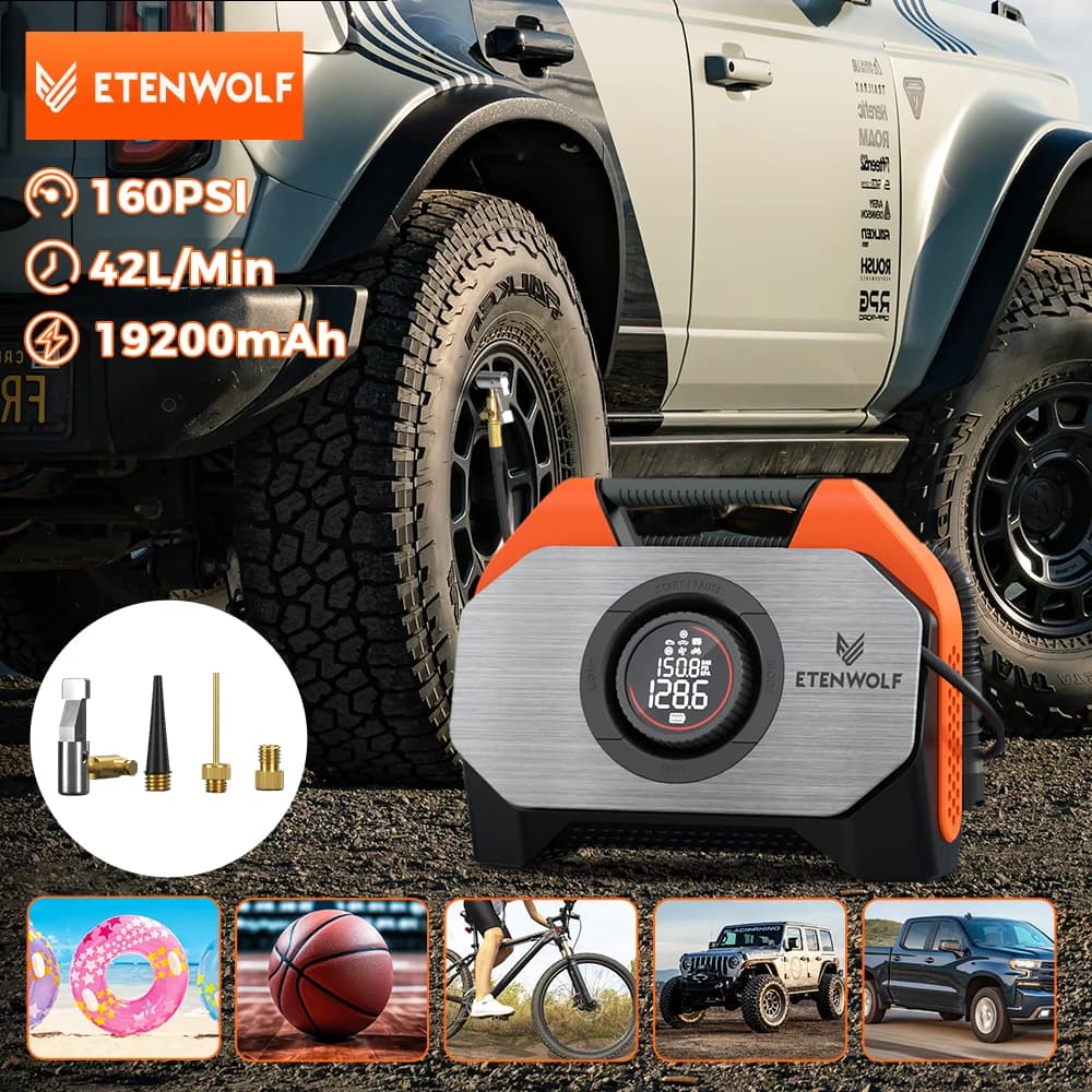 ETENWOLF VORTEX S6 Compressore d'aria portatile Ciclo di lavoro al 100% e doppio cilindro 19200 mAh Gonfiatore per pneumatici per auto Pompa per bicicletta Pompa ad aria